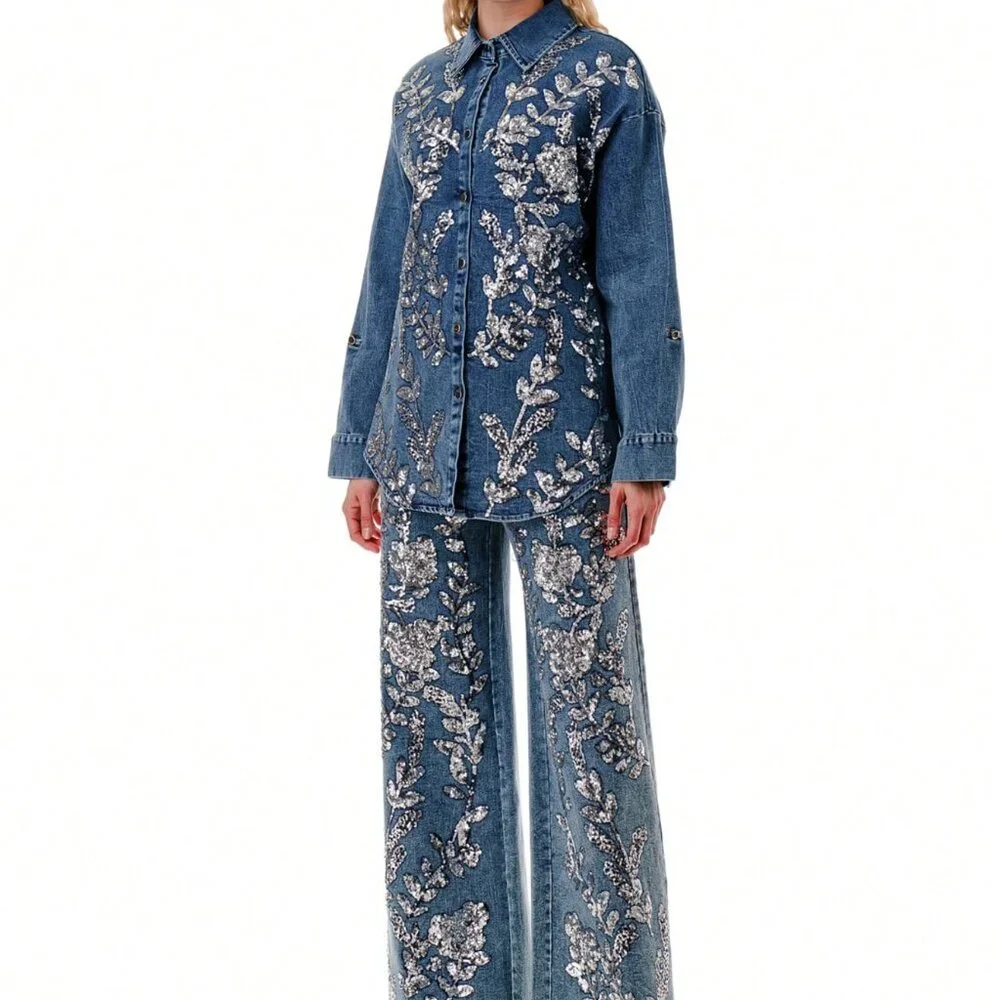 Blue Casual Women's Floral Sequin Party Denim Jacket & Jeans Vacation Set - Picture 3 of 6